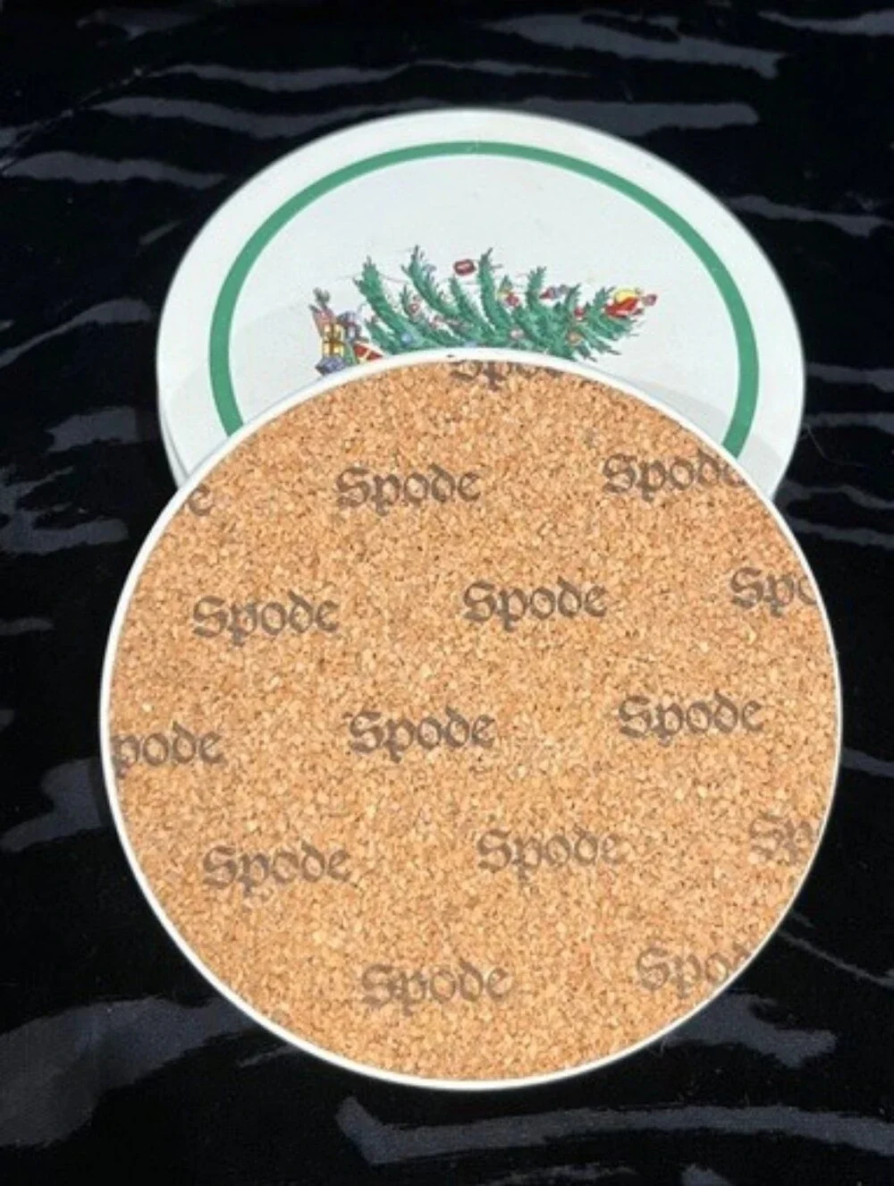 Spode Christmas Tree Absorbent Stone Coasters Set/4  Cork Back Vintage Holiday